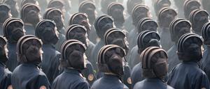 Nordkoreanische Soldaten marschieren bei einer Militärparade Zu Ehren des 105. Geburtstags von Staatsgründer Kim Il Sung am 15.04.2017 in Pjöngjang (Nordkorea).