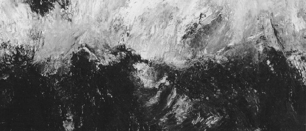 "Gefechtsfeld 10-4-87", 165 x 225 cm. Typisch für Armando der überwiegende Einsatz von Schwarz und Weiß in allen Schattierungen so wie bedeutungsschwangere Bildtitel, die dennoch viele Assoziationen zulassen.