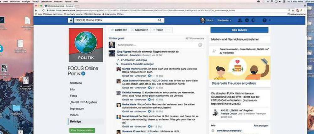 Unsägliche Kommentare wie der von einem Jörg Pippert finden sich laut Beobachtung von #ichbinhier“ über Stunden auf der Facebookseite von „Focus Online Politik“.