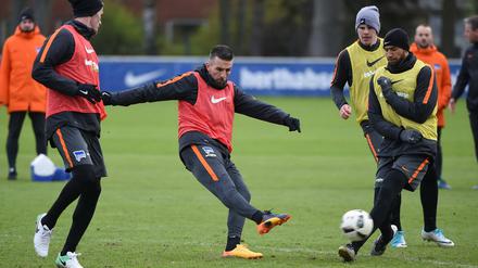 Vedad Ibisevic (Mitte) konnte nach seinem Zusammenprall wieder trainieren.