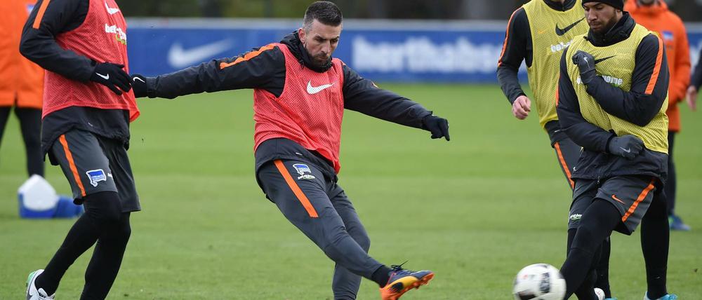 Vedad Ibisevic (Mitte) konnte nach seinem Zusammenprall wieder trainieren.
