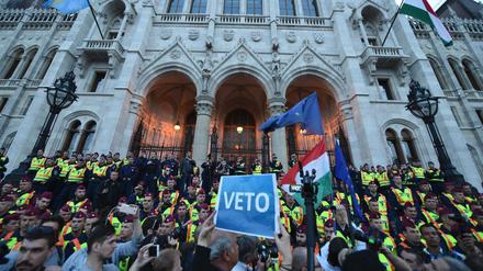 Demonstranten Anfang April vor dem Parlament in Budapest.