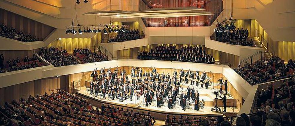 Der Klang springt das Publikum förmlich an. Musiker der Dresdner Philharmonie beim Eröffnungskonzert am Freitag auf der Bühne des Dresdner Kulturpalastes. 