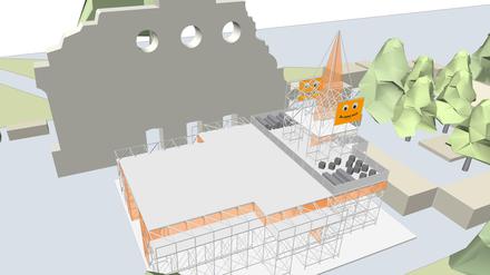 Die Gerüstkirche soll direkt am alten Tor des Bahnhofs entstehen.