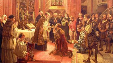 Als Brandenburg protestantisch wurde. Am 1. November 1537 empfing Kurfürst Joachim II. in der Spandauer Nikolaikirche das Abendmahl „in beiderlei Gestalt“. Das von dem Historienmaler Carl Röhling 1913 geschaffene Gemälde hängt in dem Spandauer Kirchengebäude. 