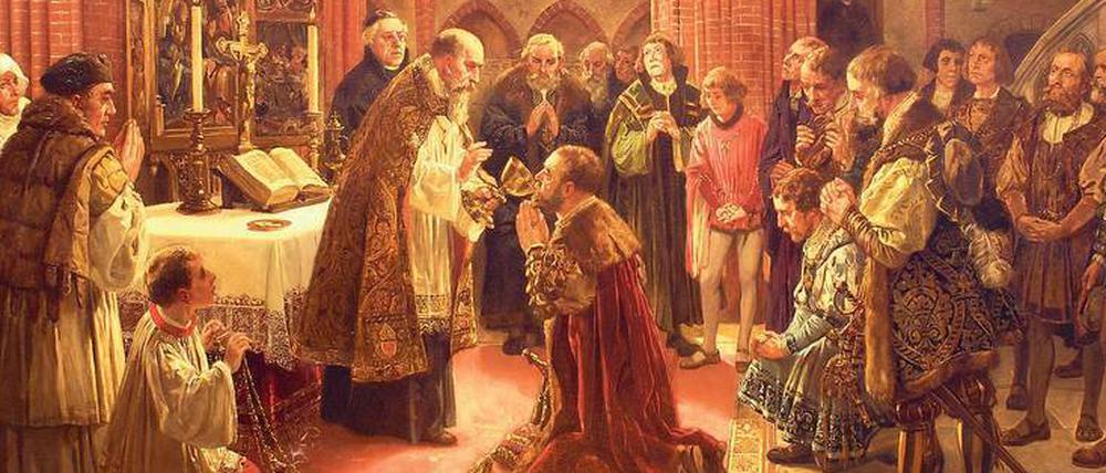 Als Brandenburg protestantisch wurde. Am 1. November 1537 empfing Kurfürst Joachim II. in der Spandauer Nikolaikirche das Abendmahl „in beiderlei Gestalt“. Das von dem Historienmaler Carl Röhling 1913 geschaffene Gemälde hängt in dem Spandauer Kirchengebäude. 