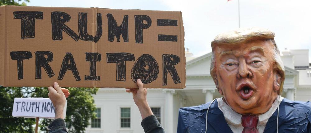 "Trump = Landesverräter" steht auf einem Schild, das ein Demonstrant vorm Weißen Haus hochhält.