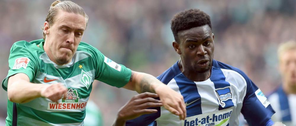 Wer wird der Mann neben Jordan Torunarigha (re.)? Hertha sucht einen Innenverteidiger. Max Kruse (li.) wird es jedenfalls nicht.