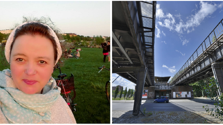 Zwei Gesichter der Siemensstadt: Bloggerin Rebekka Kurpiers-Stahl und die alte Siemensbahn.
