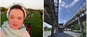 Zwei Gesichter der Siemensstadt: Bloggerin Rebekka Kurpiers-Stahl und die alte Siemensbahn.