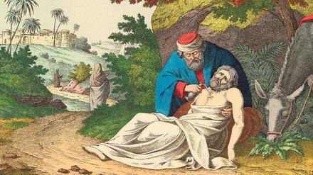 Hilfsbereitschaft gehört zum gesellschaftlichen Miteinander. "Der barmherzige Samariter", Farblithographie nach B. Hummel.