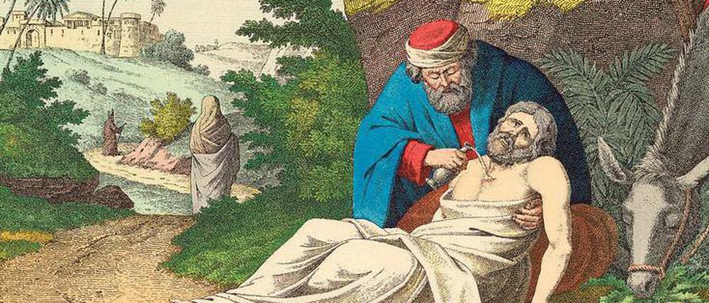 Hilfsbereitschaft gehört zum gesellschaftlichen Miteinander. "Der barmherzige Samariter", Farblithographie nach B. Hummel.
