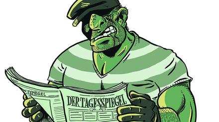 Hart, aber herzlich. Eric Powells Goon bei der Zeitungslektüre, gezeichnet von unserem Gastautor.