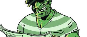 Hart, aber herzlich. Eric Powells Goon bei der Zeitungslektüre, gezeichnet von unserem Gastautor.