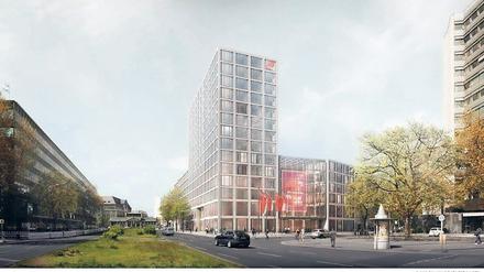 Deutlich höher und wuchtiger als das aktuelle DGB-Haus ist der Neubau an der Kleist-/Ecke Keithstraße in Schöneberg. Der Blick geht gen Westen, hinten links ist das KaDeWe zu sehen.