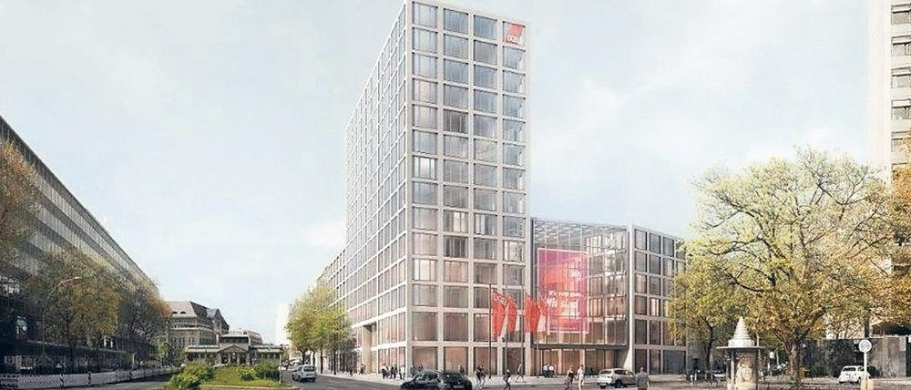 Deutlich höher und wuchtiger als das aktuelle DGB-Haus ist der Neubau an der Kleist-/Ecke Keithstraße in Schöneberg. Der Blick geht gen Westen, hinten links ist das KaDeWe zu sehen. 