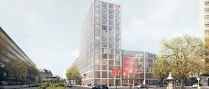 Deutlich höher und wuchtiger als das aktuelle DGB-Haus ist der Neubau an der Kleist-/Ecke Keithstraße in Schöneberg. Der Blick geht gen Westen, hinten links ist das KaDeWe zu sehen. 