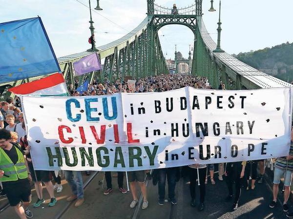 Demonstranten stehen auf einer Brücke, in der ersten Reihe halten sie ein Plakat hoch, auf dem unter anderem zu lesen ist: CEU in Budapest, Hungary in Europe.