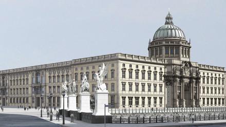 Die Westfassade der Schloss-Replik nach den Plänen von Franco Stella: mit Kuppel samt Laterne und Kreuz.