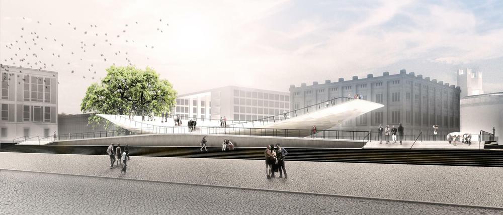 Die Computergrafik zeigt den Entwurf der Gestalter Milla & Partner für das in Berlin geplante Freiheits- und Einheitsdenkmal.