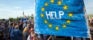 Demonstrierende halten ein Plakat mit der Aufschrift "Help" hoch, der Schriftzug auf blauem Grund ist von gelben Sternchen umgeben.