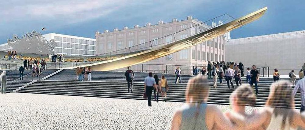 Schöne Aussichten. Die begehbare Waage lässt den Blick frei auf die geplante alte neue Bauakademie.