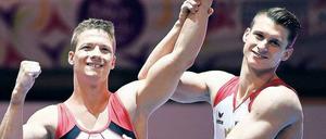 Im Mehrkampf gewann Lukas Dauser (rechts) noch vor seinem Berliner Kollegen Philipp Herder. Doch bei einer Übung an den Ringen zog sich der Beste einen Kreuzbandriss zu.