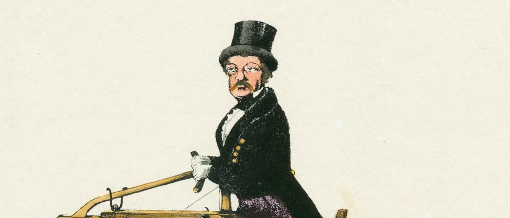 Der Erfinder Karl Drais (1785-1851) auf seiner Laufmaschine.
