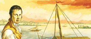 Eine historische Darstellung zeigt einen jungen Mann mit einem Skizzenbuch auf den Knien. Er sitzt oberhalb eines Flussufers.