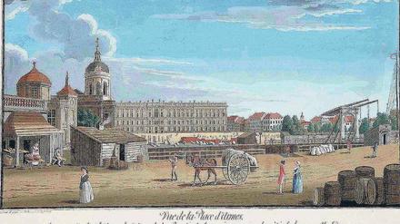 Preußisch-Blau. Das Schloss vom Packhof aus gesehen, Kupferstich von Johann Georg Rosenberg.