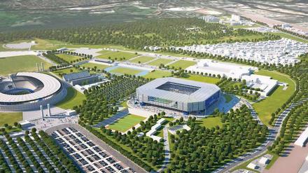 Die Siedlung Olympiapark, 1975 für Offiziere der britischen Streitkräfte gebaut, liegt in der Bildmitte. 