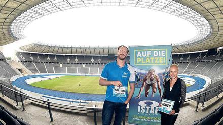 Ist die große Bühne bald weg? Diskus-Olympiasieger Christoph Harting und Sprinterin Lisa Mayer werben für die Berliner Leichtathletikveranstaltung Istaf. Deren Veranstalter befürchten, das Olympiastadion als Austragungsstätte zu verlieren.