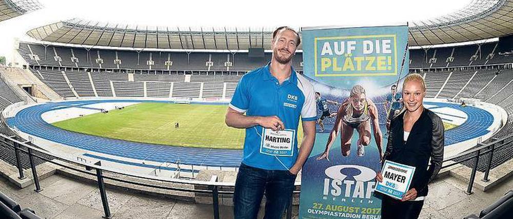 Ist die große Bühne bald weg? Diskus-Olympiasieger Christoph Harting und Sprinterin Lisa Mayer werben für die Berliner Leichtathletikveranstaltung Istaf. Deren Veranstalter befürchten, das Olympiastadion als Austragungsstätte zu verlieren. 