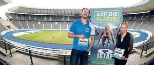 Ist die große Bühne bald weg? Diskus-Olympiasieger Christoph Harting und Sprinterin Lisa Mayer werben für die Berliner Leichtathletikveranstaltung Istaf. Deren Veranstalter befürchten, das Olympiastadion als Austragungsstätte zu verlieren. 