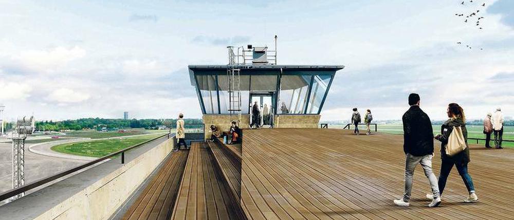 Hochsitz. Auf der Dachterrasse des Flughafengebäudes können Touristen die Weite des ehemaligen Flugfeldes genießen. Frühestens 2020 wird das möglich sein. Die Planer müssen Schadstoffe und fehlende Bauakten berücksichtigen.