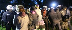 Polizisten rangeln mit Teilnehmern des G-20-Protestcamps auf Entenwerder. 