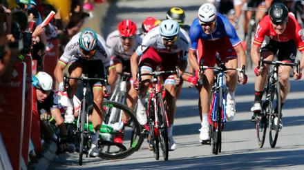 Das Ende der Tour für Peter Sagan. Der Weltmeister brachte Mark Cavendish brutal zu Fall und wurde disqualifiziert. 