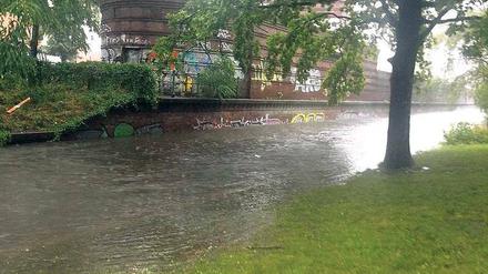 Übergeschwappt. Die Panke in Wedding ist nicht gerade als reißender Fluss bekannt. Beim kürzlichen Unwetter zeigte sich aber, wie viel Wasser fließen kann.