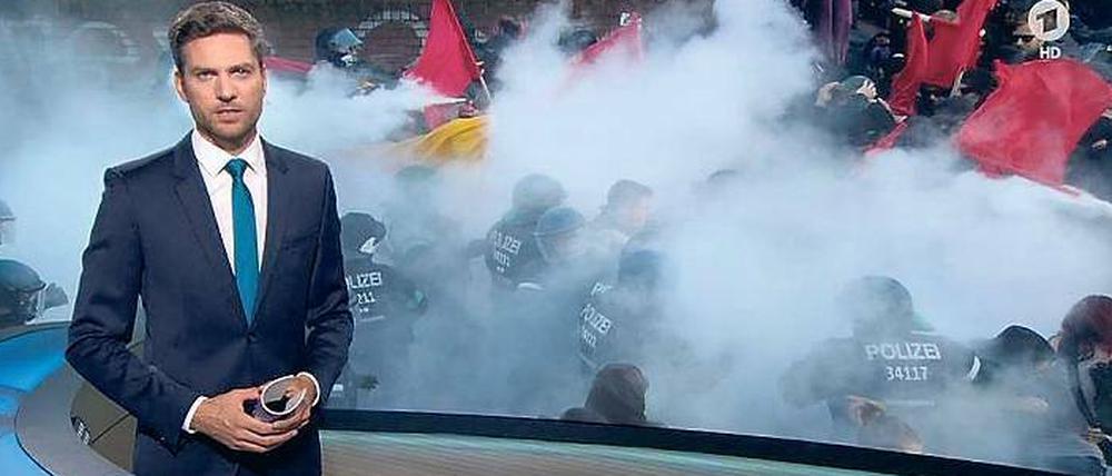 Jenseits des Live-Tickers.  Ingo Zamperoni in den „Tagesthemen“. Immerhin, zuerst ging es um Inhalte zum G-20-Gipfel, danach um Gewalt, Demonstranten, Polizei.