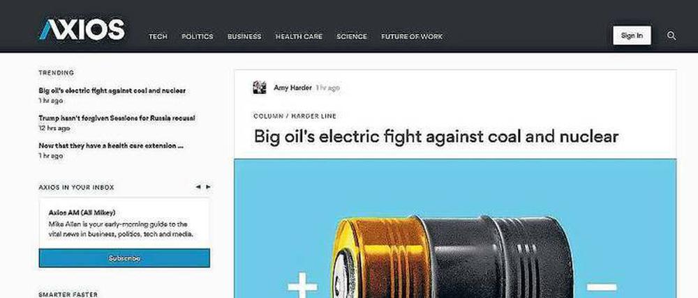 Aufgeräumt. Die Website Axios soll ausdrücken, was die Website will: Übersicht, Überblick und Konzentration auf die „bullet points“, die wirklich wichtigen Dinge. 