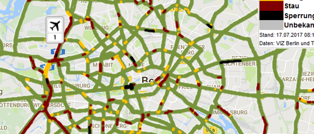 Lange Staus auf Avus, A100 und A111. So sah es um 8.15 Uhr aus.