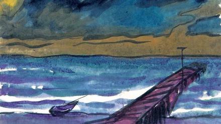 Um 1920 malte Emil Nolde sein Aquarell „Meerlandschaft (mit Anlegesteg und einem Boot)“.