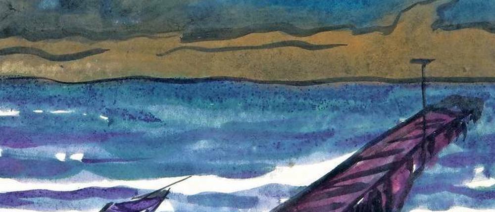 Um 1920 malte Emil Nolde sein Aquarell „Meerlandschaft (mit Anlegesteg und einem Boot)“.