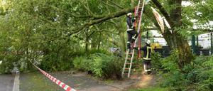 Nicht nur das Freibad betroffen: Berliner Feuerwehr bei der Beseitigung von Unwetterschäden Pankow.