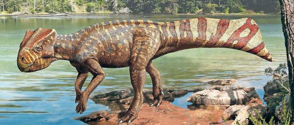 Die Illustration zeigt einen Dinosaurier, der am Ufer eines Sees oder Flusses steht.