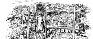 Eine Zeichnung, die zeigt, wie Frauen in Häftlingskleidern eine vollkommen abgemagerte Frau aus einer Häftlingsbaracke heraustragen.