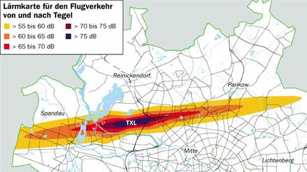 Grafik mit Dezibelzahlen in der Einflugschneise des Flughafens Tegel.