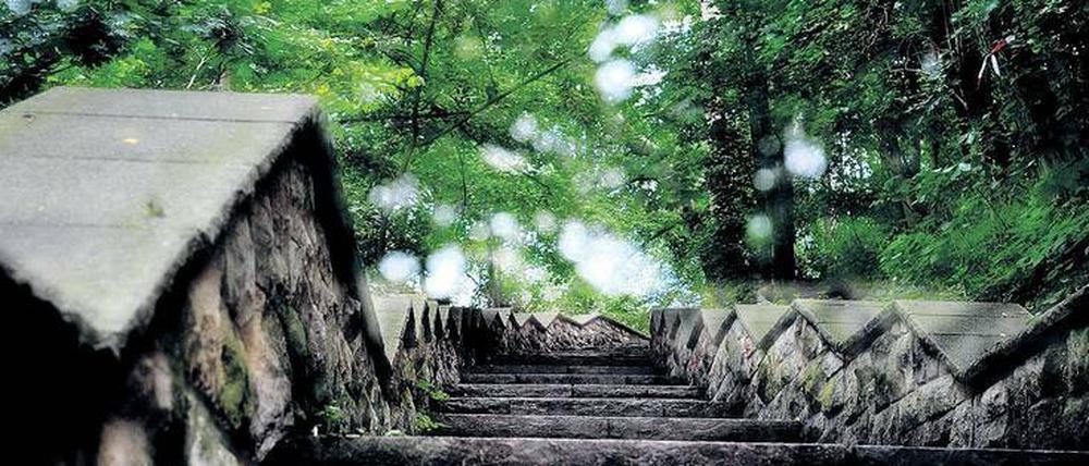 Verwunschen. Vom Tal, wo der Märchenbrunnen sprudelt, führen Treppen hinauf auf die Berge. Sie begraben eine Geschichte, die sie nicht vollständig tilgen können.