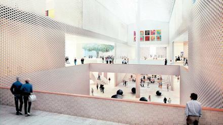 Kulturscheune. Innenansicht des siegreichen Wettbewerbsentwurfs aus dem Büro von Herzog & de Meuron.