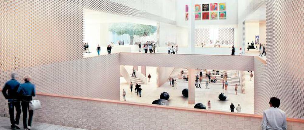 Kulturscheune. Innenansicht des siegreichen Wettbewerbsentwurfs aus dem Büro von Herzog & de Meuron.